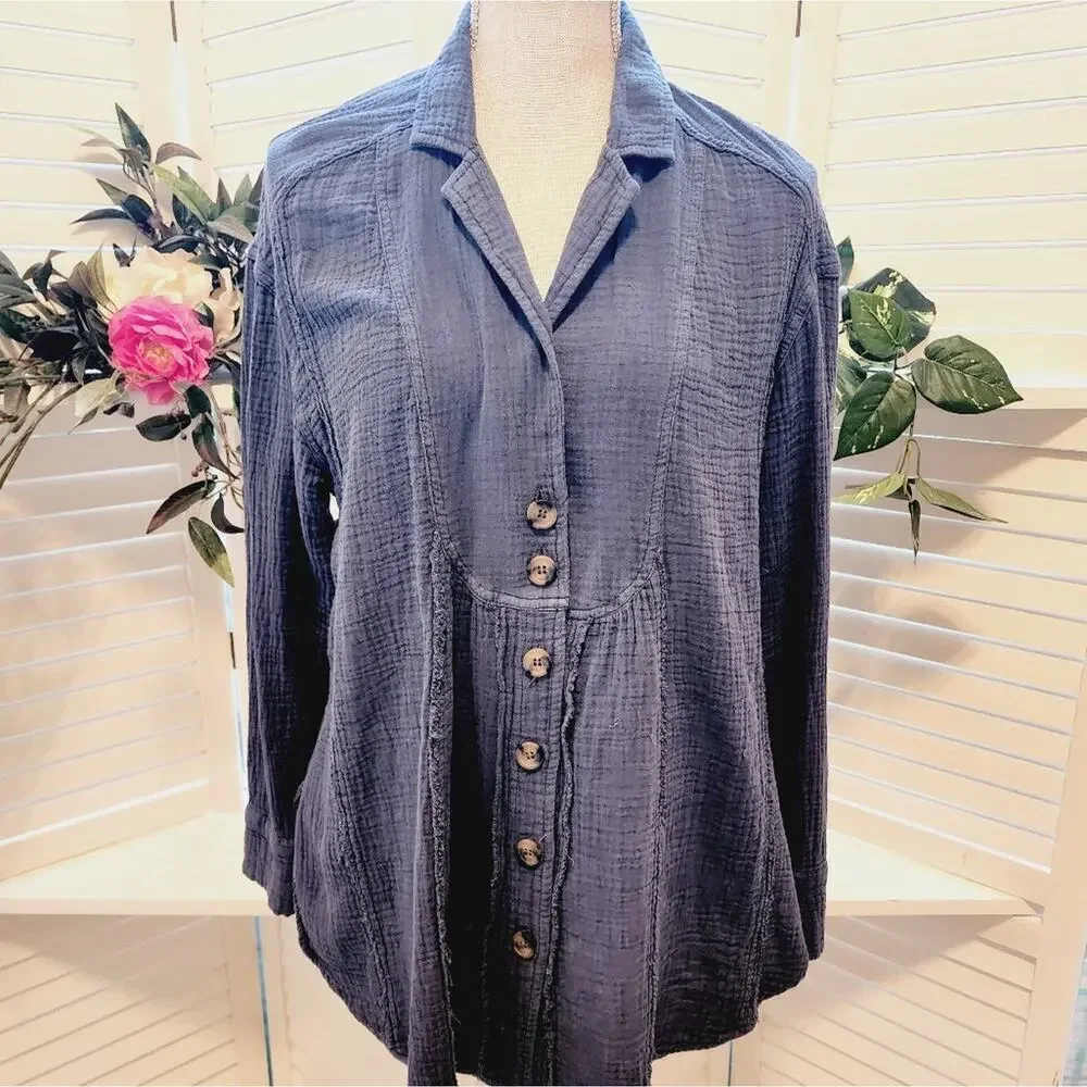 FREE PEOPLE XS ALL ABOUT THE FEELS BLUE BUTTON DOWN TUNIC SIZE XS